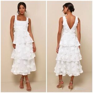 Lulus Large Exceptional Entrance White Sleeveless Tiered Rosette Midi Dress NWT